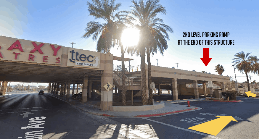 The ramp is at the end of the parking structure.