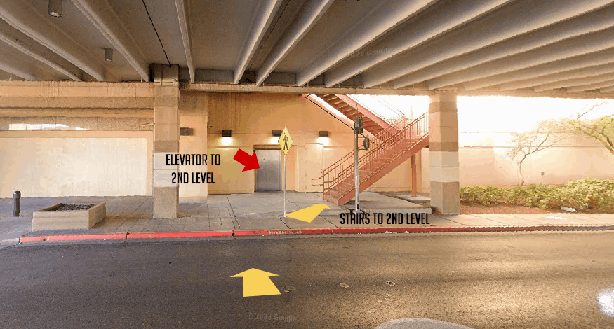 When parking on the 1st level, you must cross the street towards the elevator or stairs. Be mindful of the traffic.